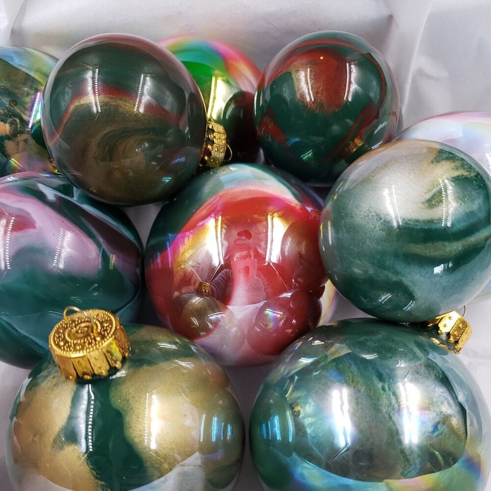 Vintage Glass Ball Christmas Ornament Lot of 11 Swirl Red Green Gold Iridescent
